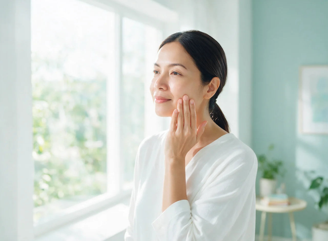 A woman at a window in daylight, skin calm and comfortable